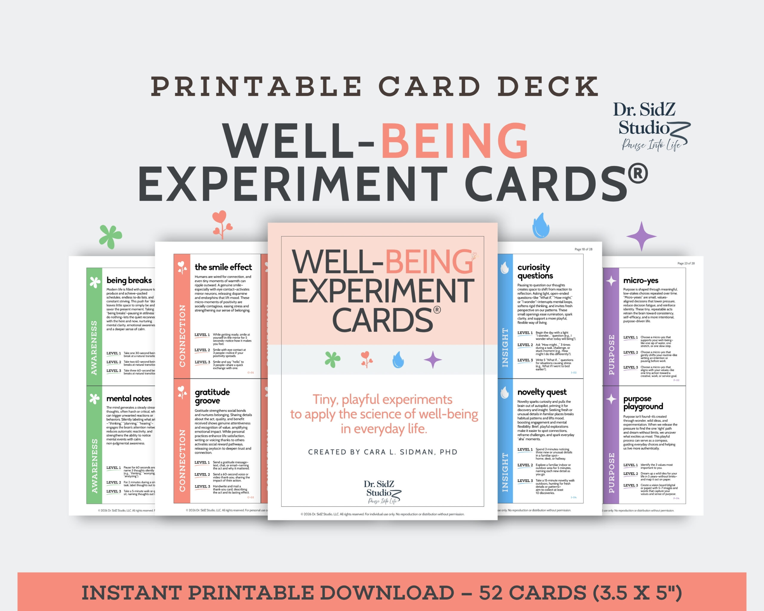 Well-Being Experiment Cards® printable 52-card digital deck